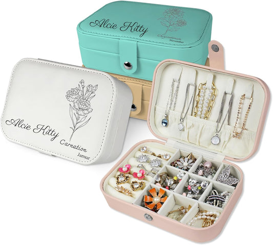 loongway Personalisierte Schmuckkästchen original kleine reise Schmuckbox mit Blumen und Name Leder Schmuck Organizer für Ohrringe Halskette Ringe personalisierte Weihnachten Geschenk für Mama Mädchen
