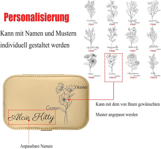 loongway Personalisierte Schmuckkästchen original kleine reise Schmuckbox mit Blumen und Name Leder Schmuck Organizer für Ohrringe Halskette Ringe personalisierte Weihnachten Geschenk für Mama Mädchen