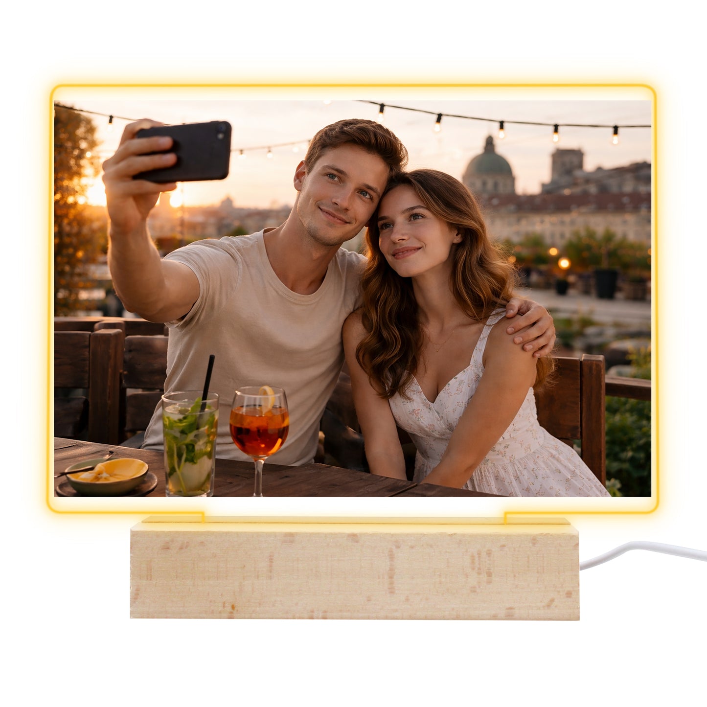 Personalisierter LED Bilderrahmen mit Foto, Holzständer und LED Sockel