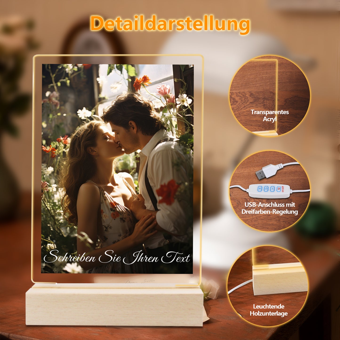 Personalisierter LED Bilderrahmen mit Foto, Holzständer und LED Sockel